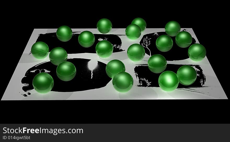 Render of many green balls with abstract floral background