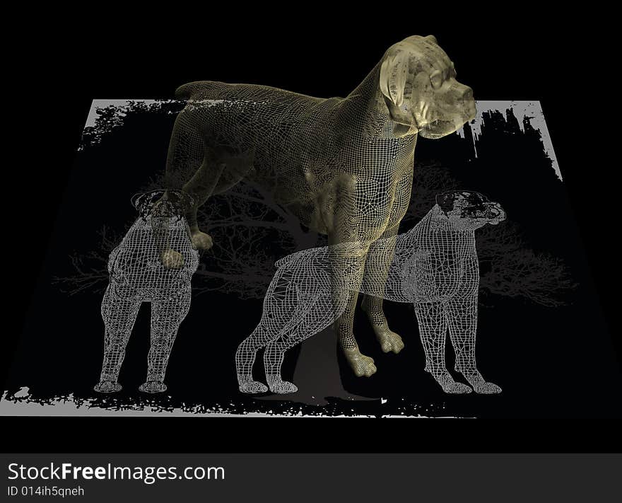 Render of gold boxer dog and dark background with white wires dogs