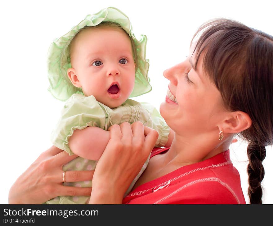 Happy baby with mom isolated on white