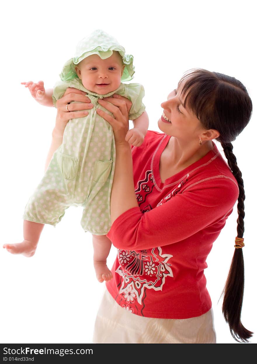 Happy baby with mom isolated on white