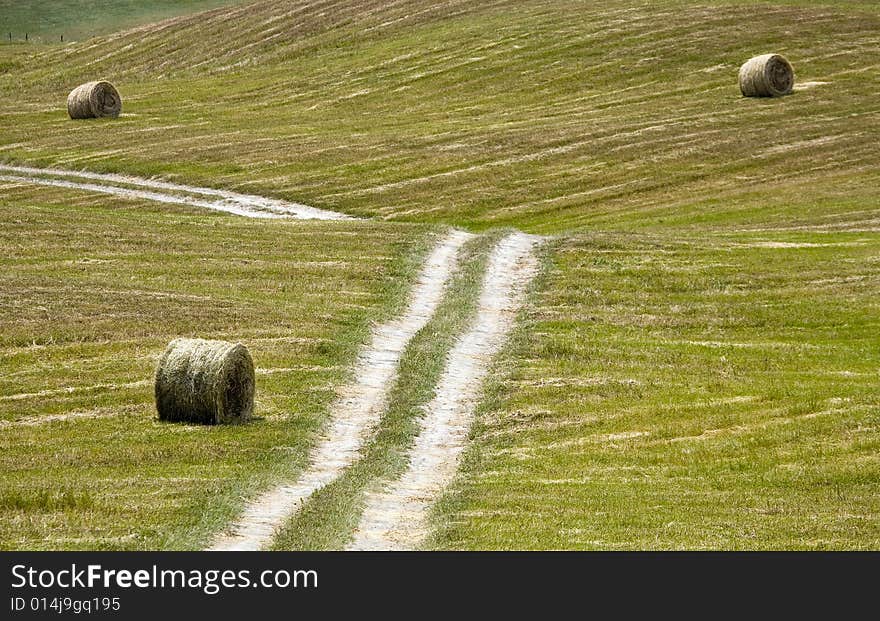 Tuscany Countryside With Street And Hayball