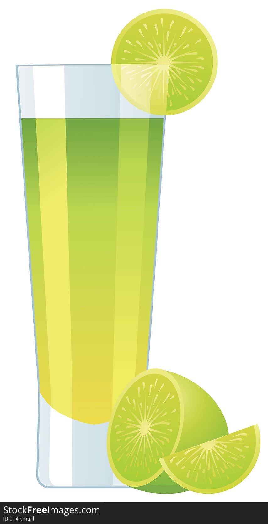 Glass with green cocktail and sliced lime. Glass with green cocktail and sliced lime