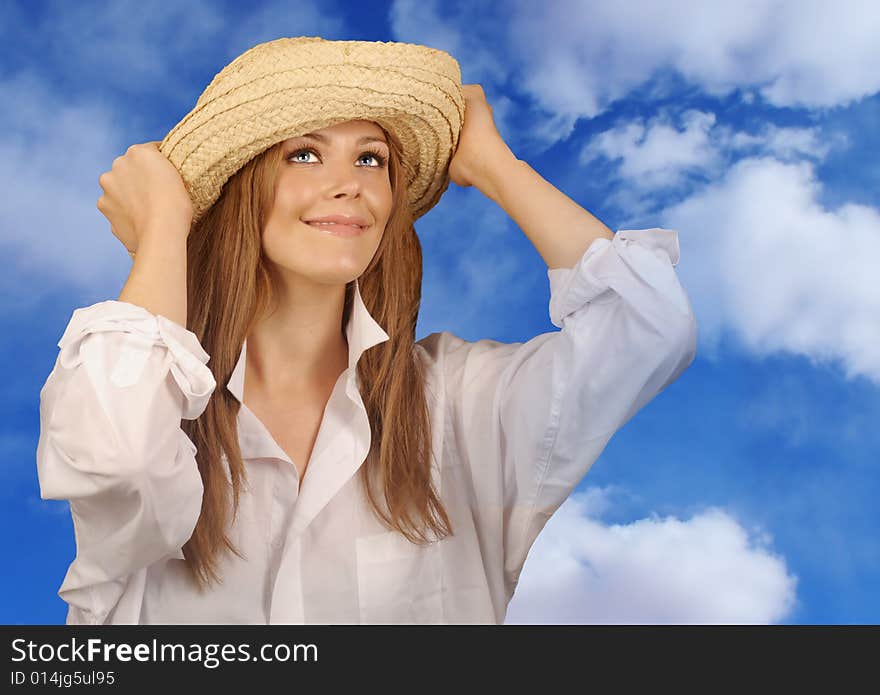 Beautiful Image of Woman Outdoors with Straw Hat. Beautiful Image of Woman Outdoors with Straw Hat.