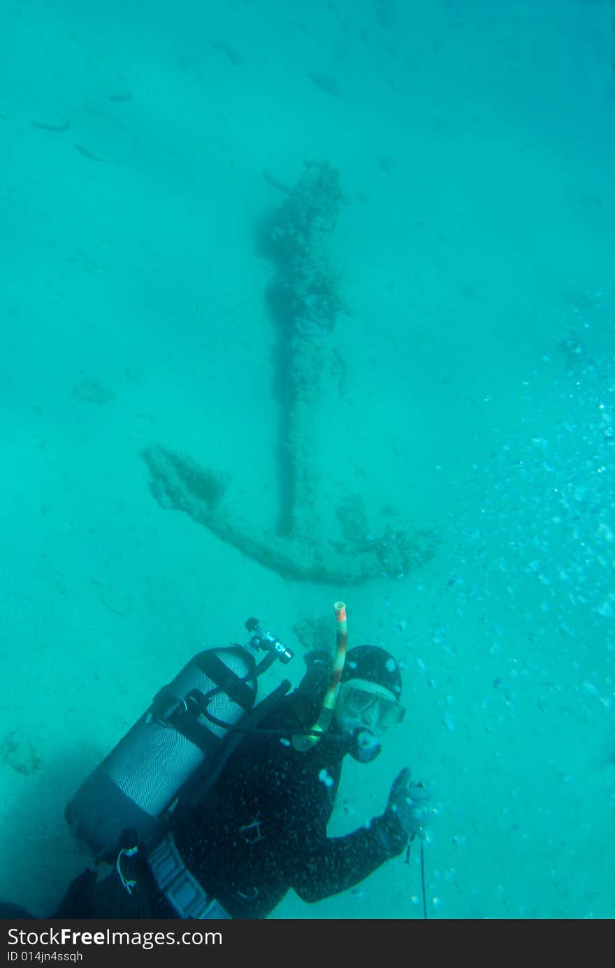 Underwater shot of anchor and diver