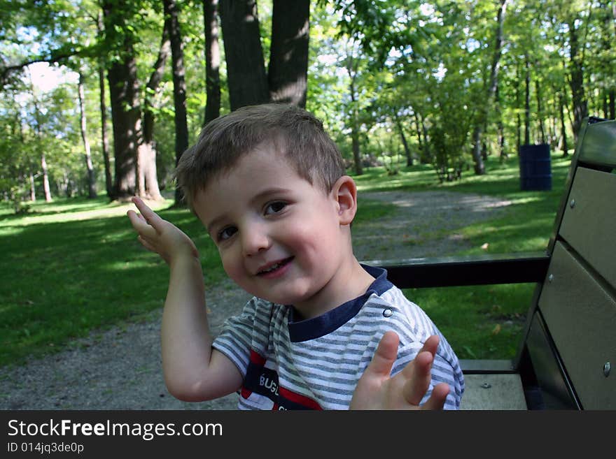 Small boy in a forest asking why?. Small boy in a forest asking why?