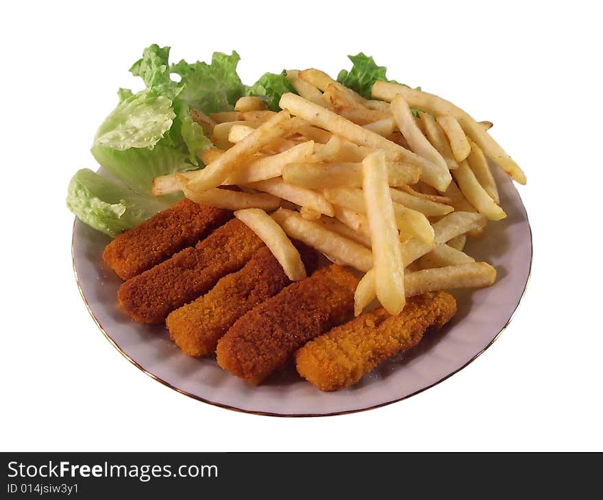 Isolated plate  with chips and fish sticks. Isolated plate  with chips and fish sticks