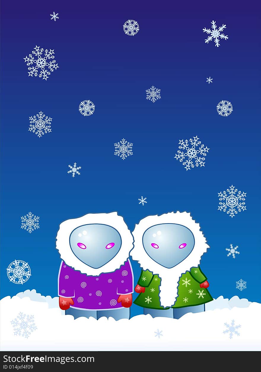 Two cartoon aliens in jackets stand in snowfall in the night. Two cartoon aliens in jackets stand in snowfall in the night