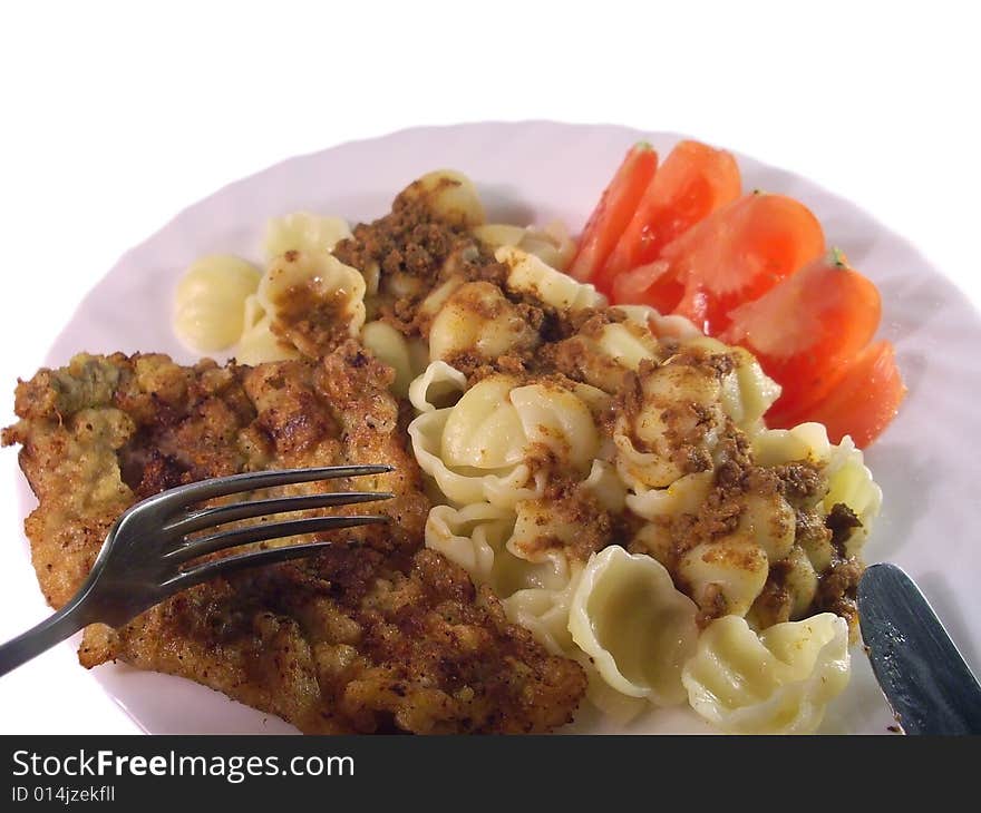 Meat and pasta with tomato. Meat and pasta with tomato