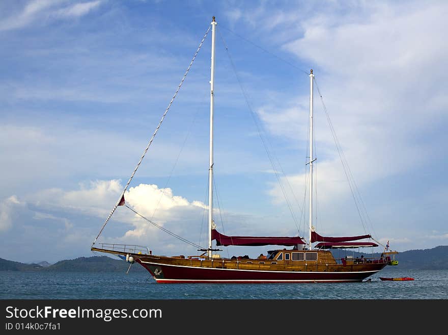 Beautiful wooden yacht on the ocean