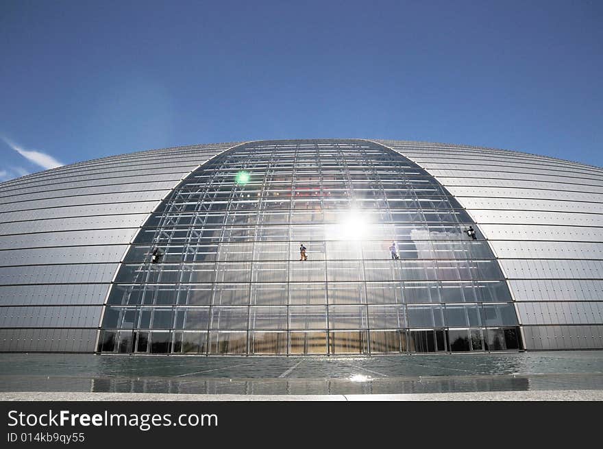 Spider man clean the great building, national theater in beijing. Spider man clean the great building, national theater in beijing