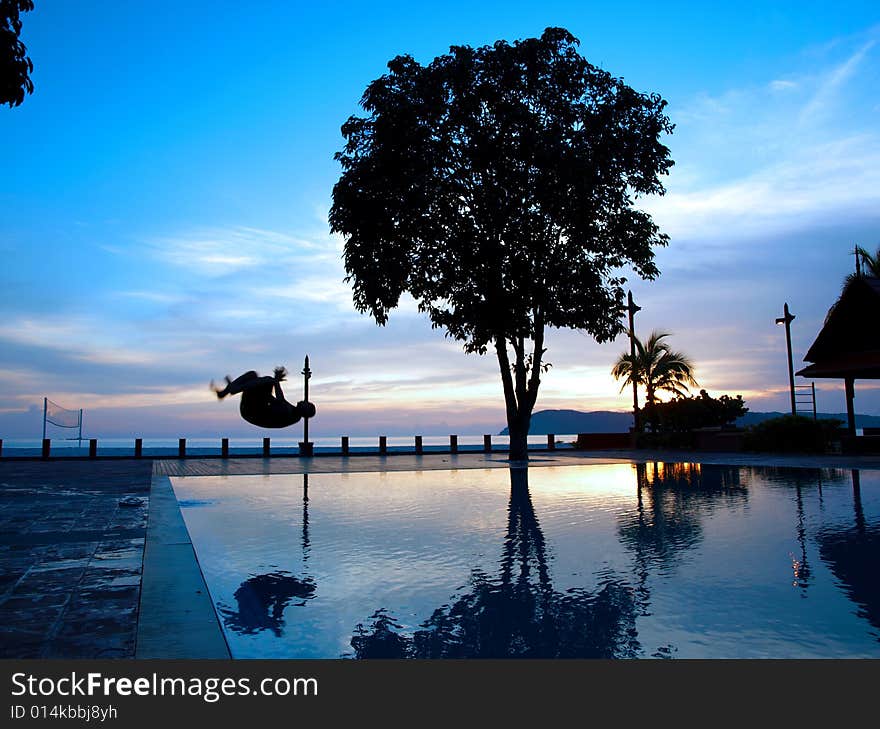 Man Silhouette Somersault Pool Two