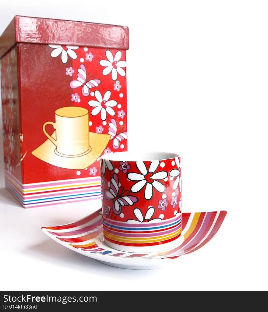 Tea cups in gift packing isolated on a white background