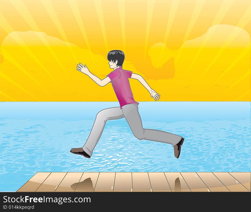 A man with freedom expression, running and jumping with beach and sky background. A man with freedom expression, running and jumping with beach and sky background