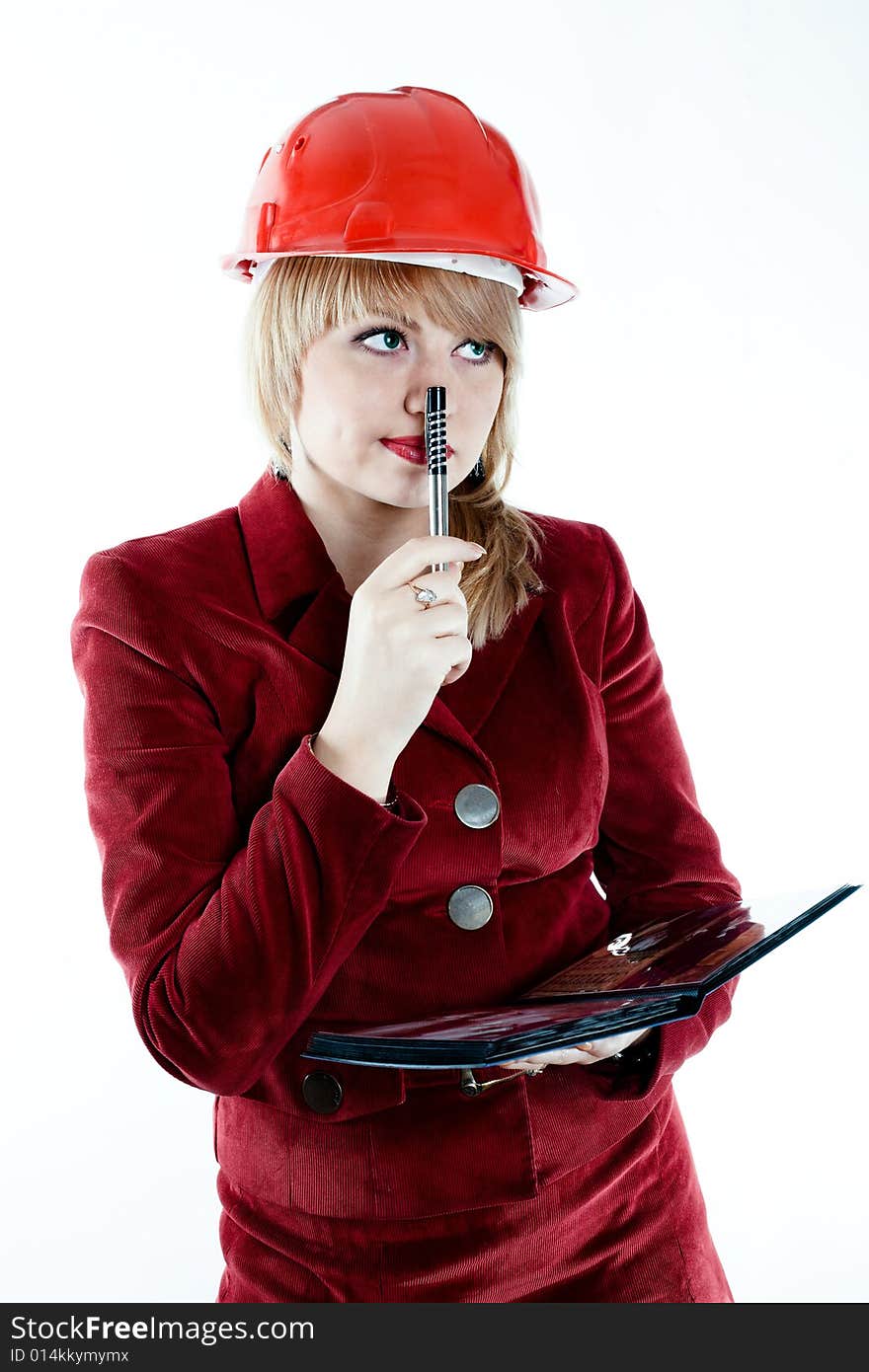 An image of a businesswoman in red helmet. An image of a businesswoman in red helmet