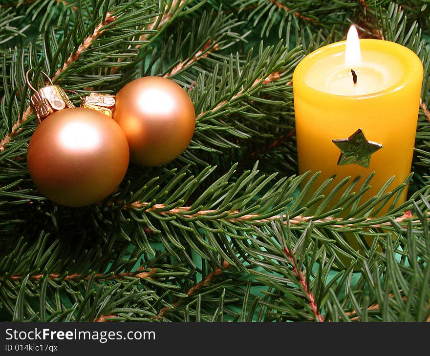 Christmas decorations, ball, pine and candle. Christmas decorations, ball, pine and candle