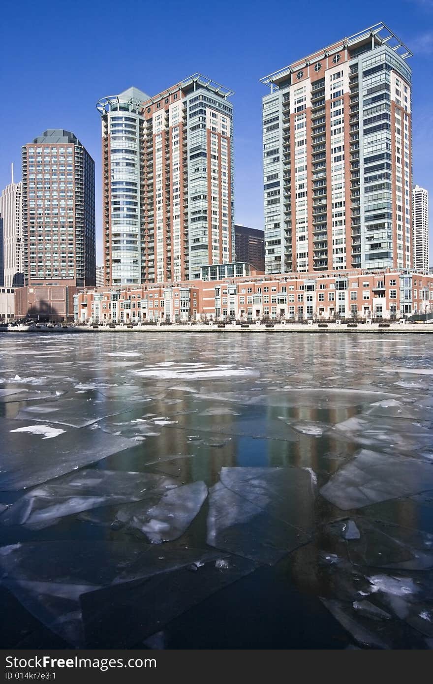 Condo buildings and Frozen Chicago River