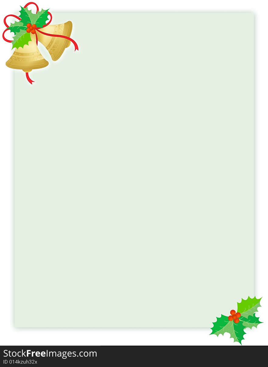 Green Christmas background with holly leaves and golden bells with red ribbons.