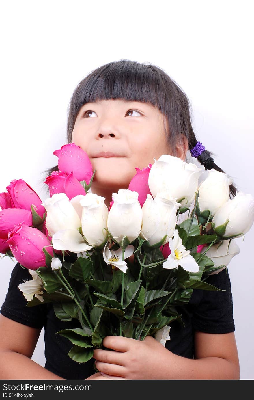 Asia girl holding colorful flowers. Asia girl holding colorful flowers