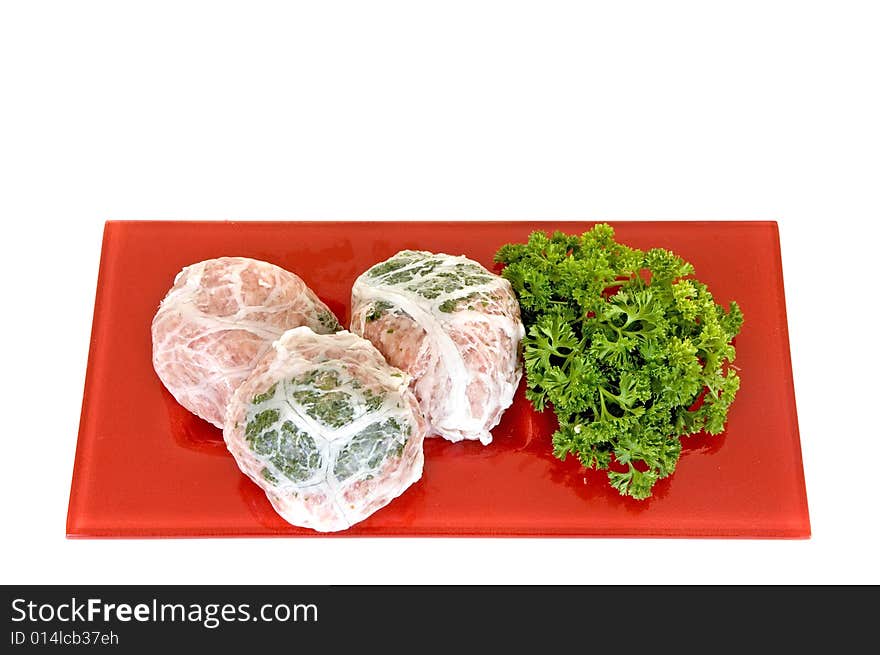 Meatballs on red plate, white background, studio shot,