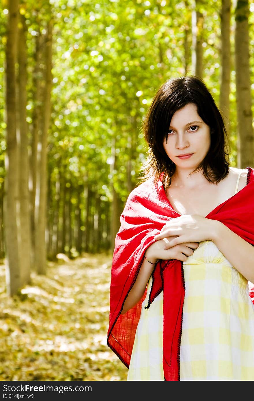 Beautiful woman staring at camera in a forest. Beautiful woman staring at camera in a forest.