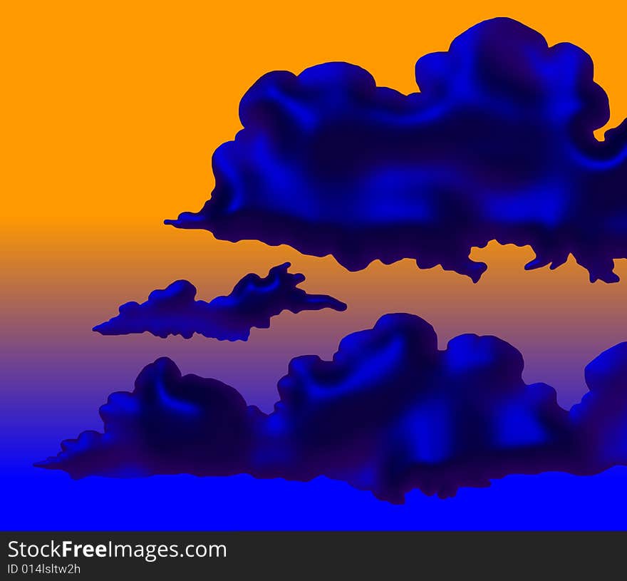 Vivid sunset sky with stormy blue clouds illustration. Vivid sunset sky with stormy blue clouds illustration