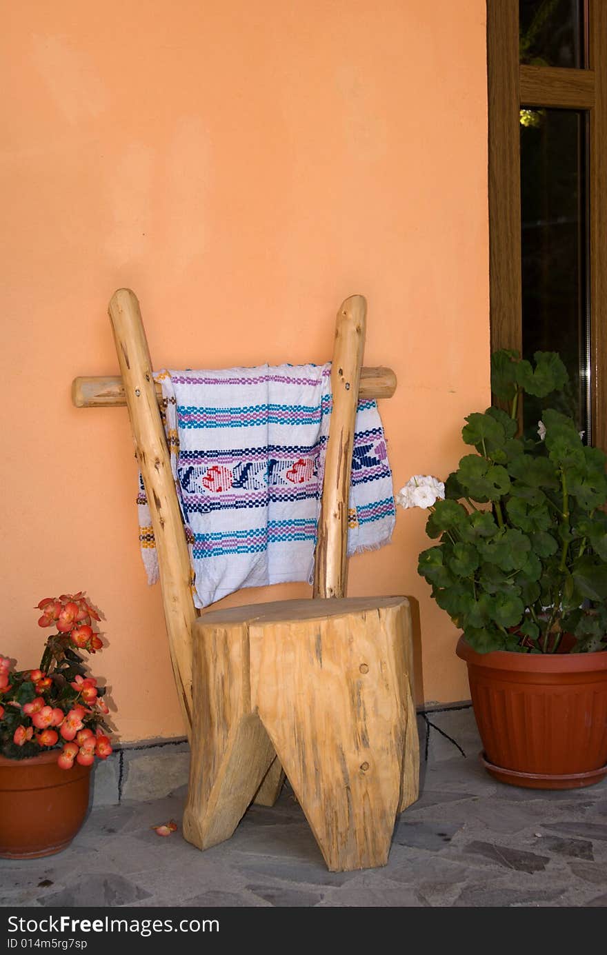 Towel on rural chair, Carpatian montain, Romania