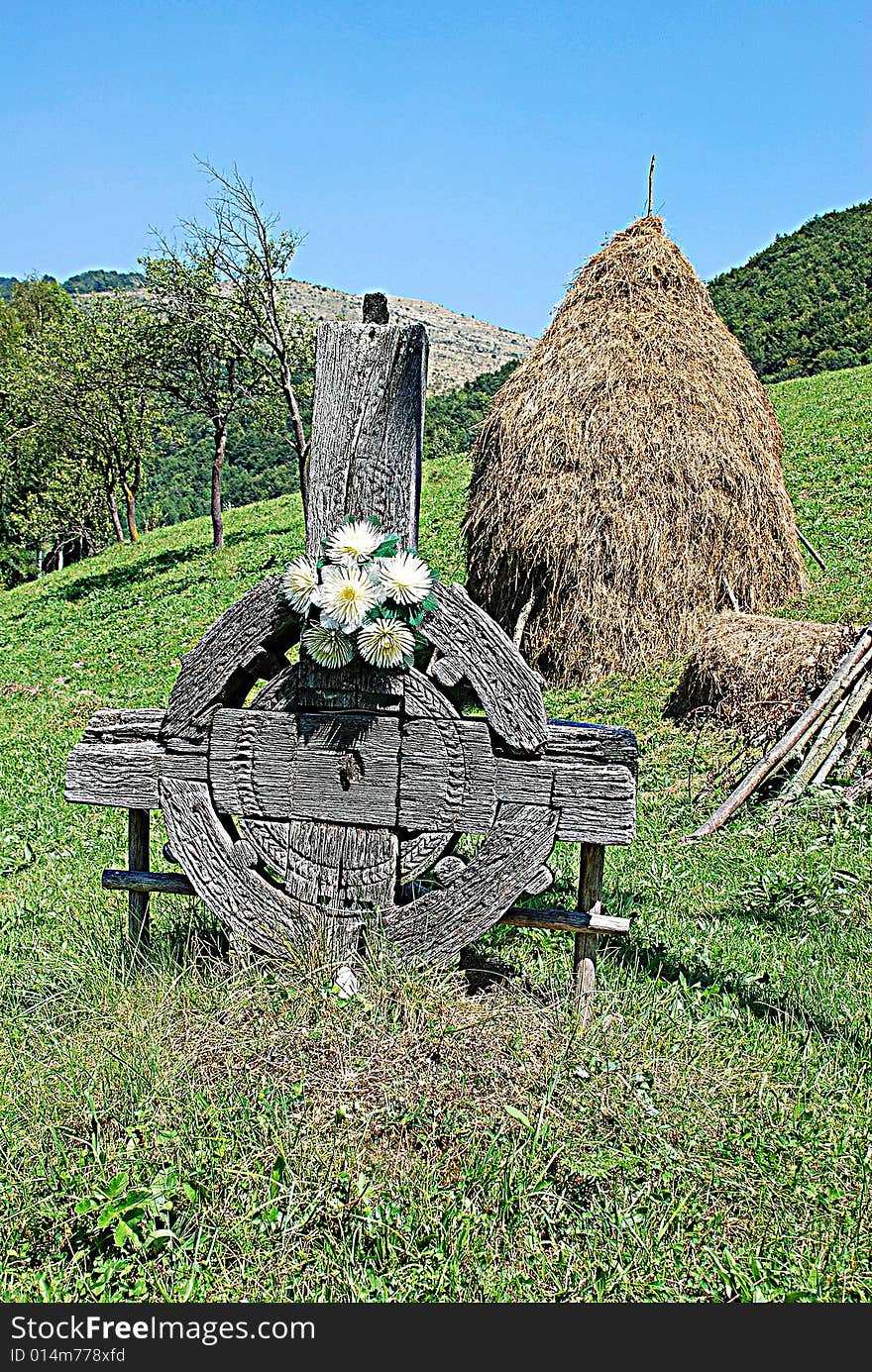 A landscape with bucolic practice and old wood cross. A landscape with bucolic practice and old wood cross