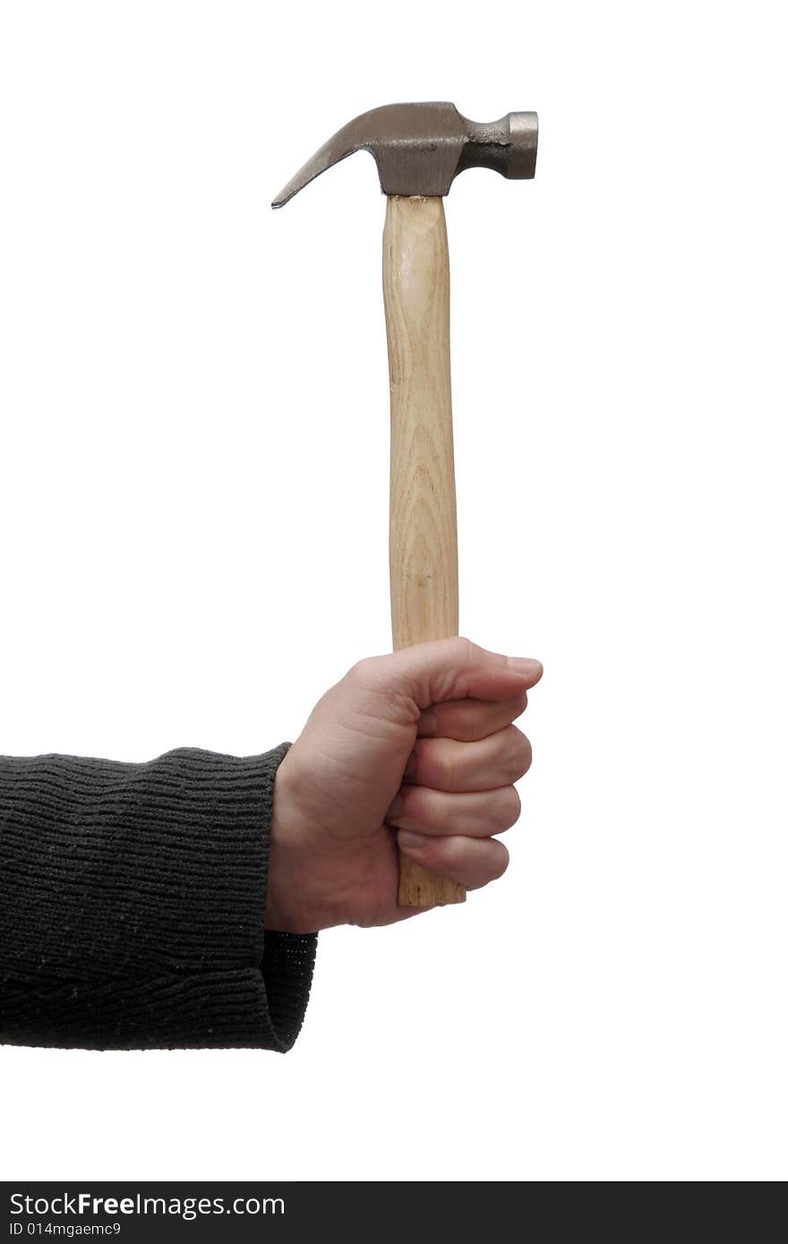 Hand Holding Hammer With Metal Head And Wooden Handle On White Background, Work Tool