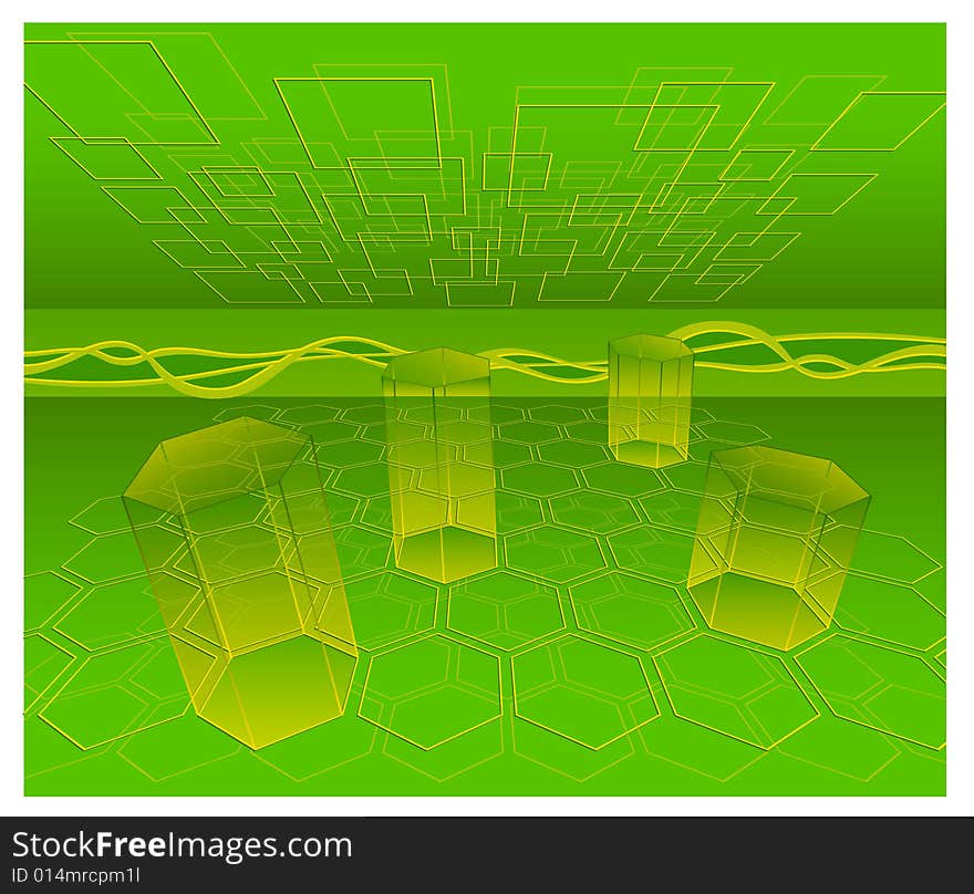 Mathematical figures on green background, transparent prism, cone, honeycombs, illustration