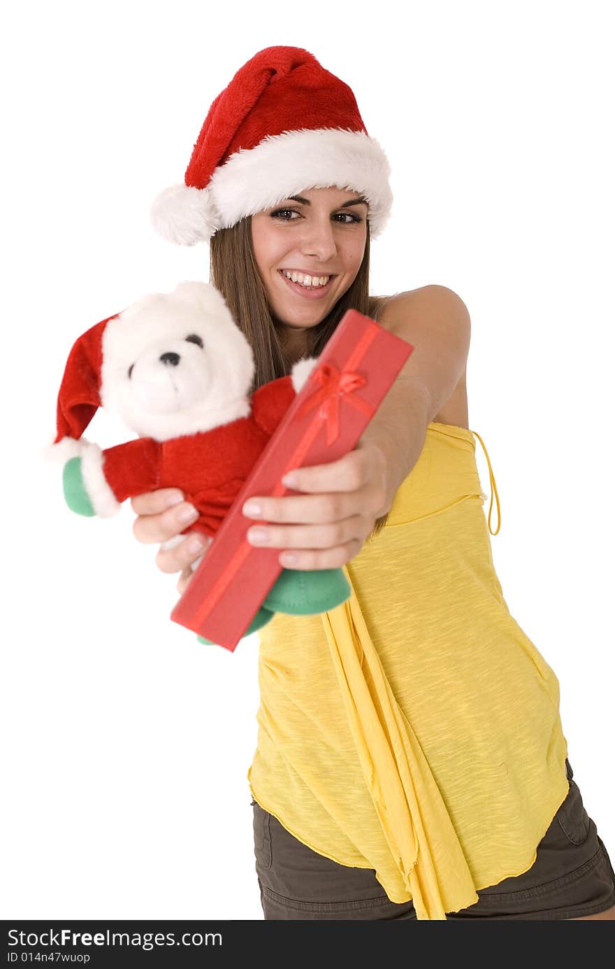 Woman with santa hat holding her presents. Woman with santa hat holding her presents