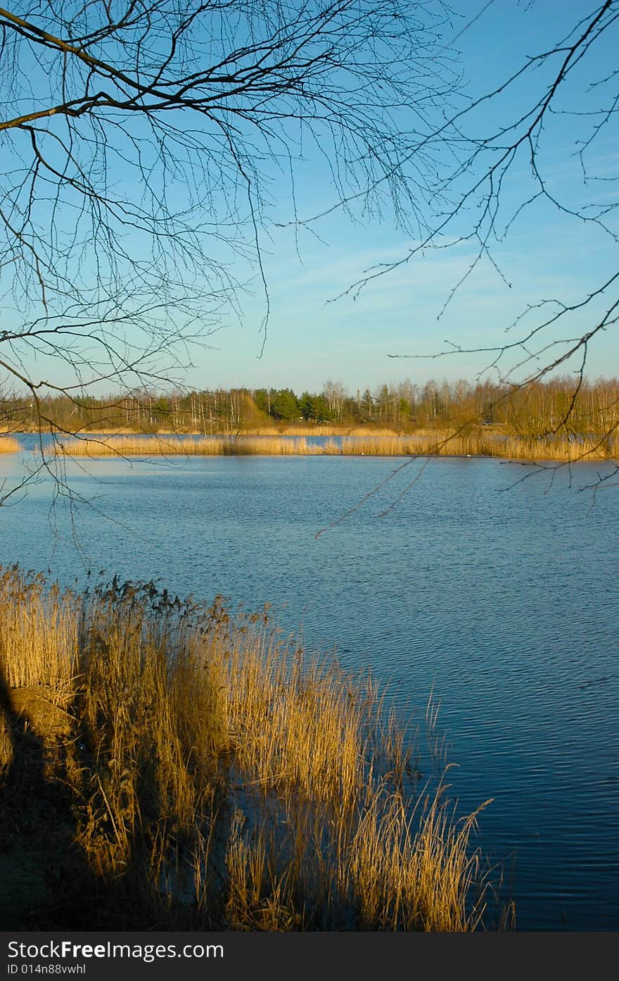 Lake in a sun day  early in spring