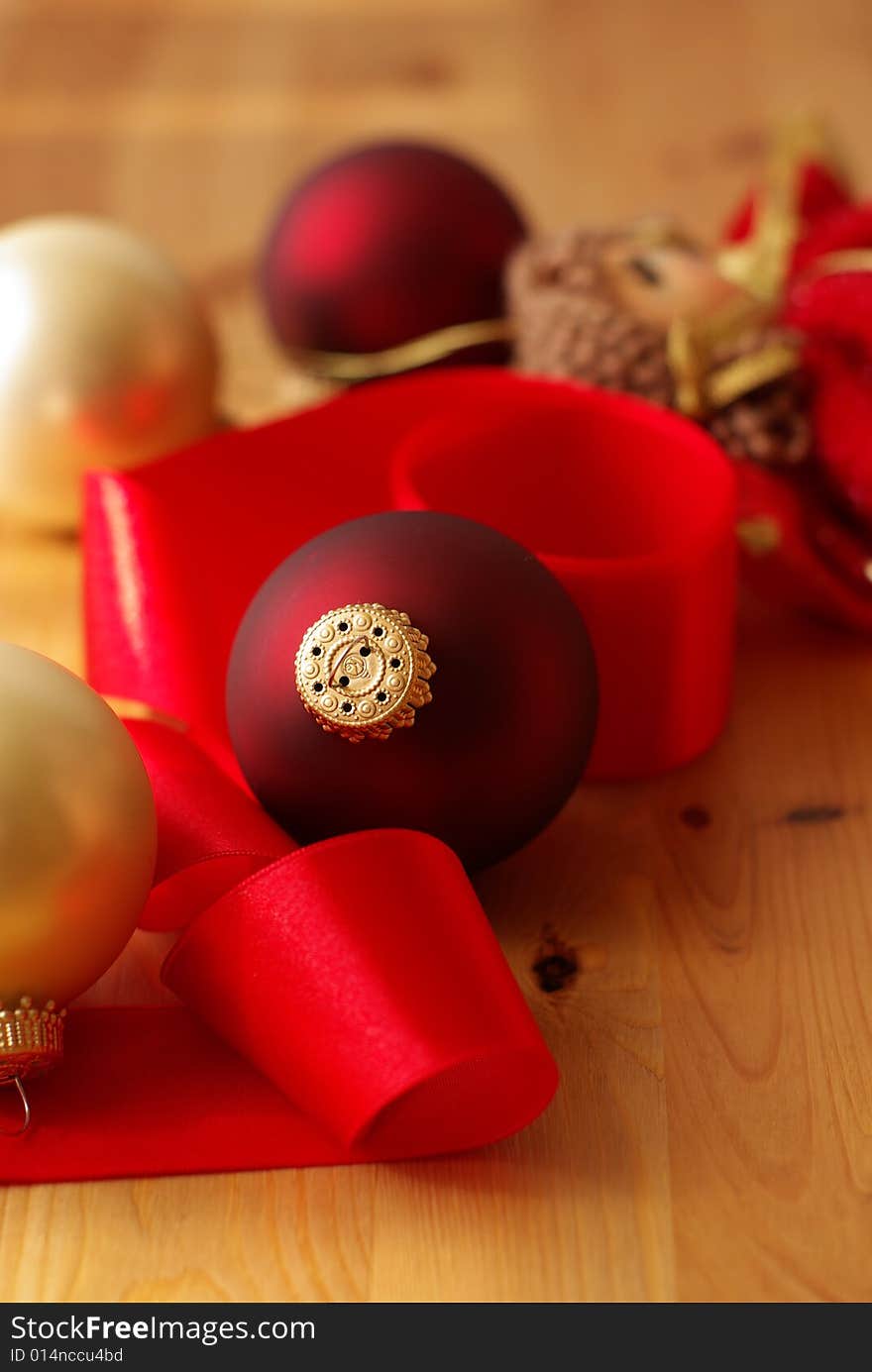 Red ribbon and glass ball. Red ribbon and glass ball