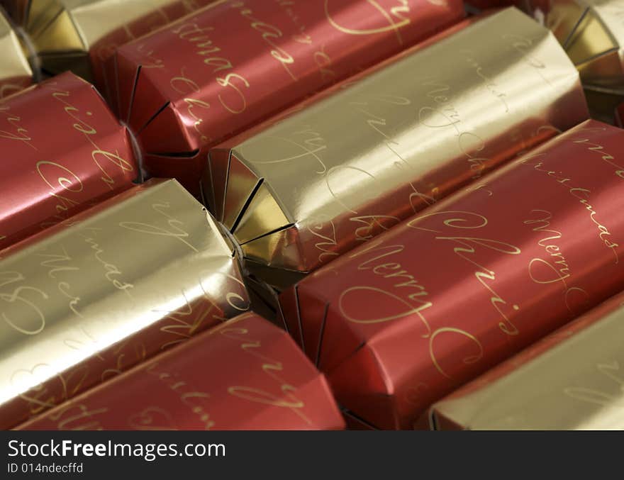 Close up of gold and red bon bons for Christmas. Close up of gold and red bon bons for Christmas