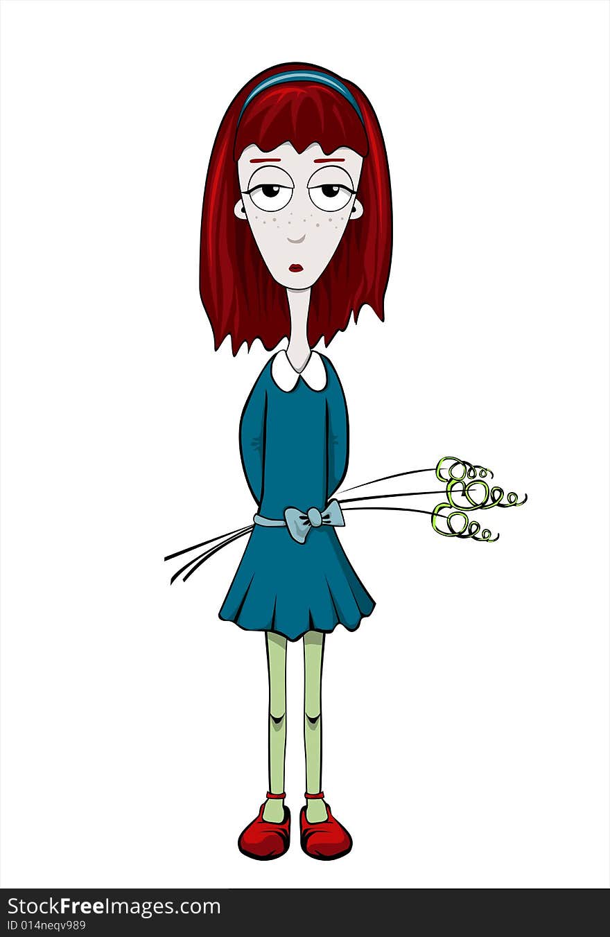 Cartoon girl with dry flowers