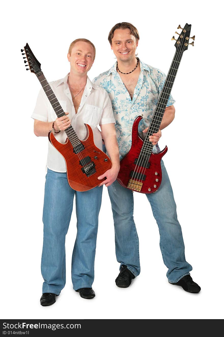 Two young men with guitars on white