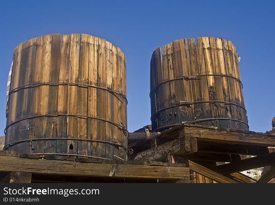 This is a picture of two railroad water towers at Calico, California, a ghost town and San Bernardino County park. This is a picture of two railroad water towers at Calico, California, a ghost town and San Bernardino County park.