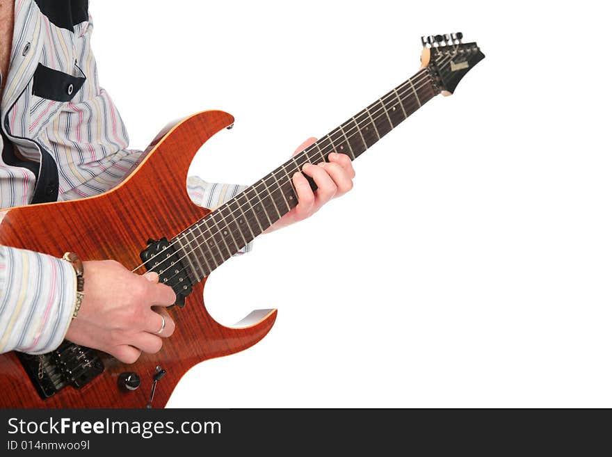 Closeup hands with guitar on white