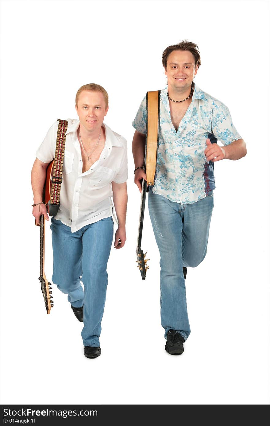 Two running men with guitars