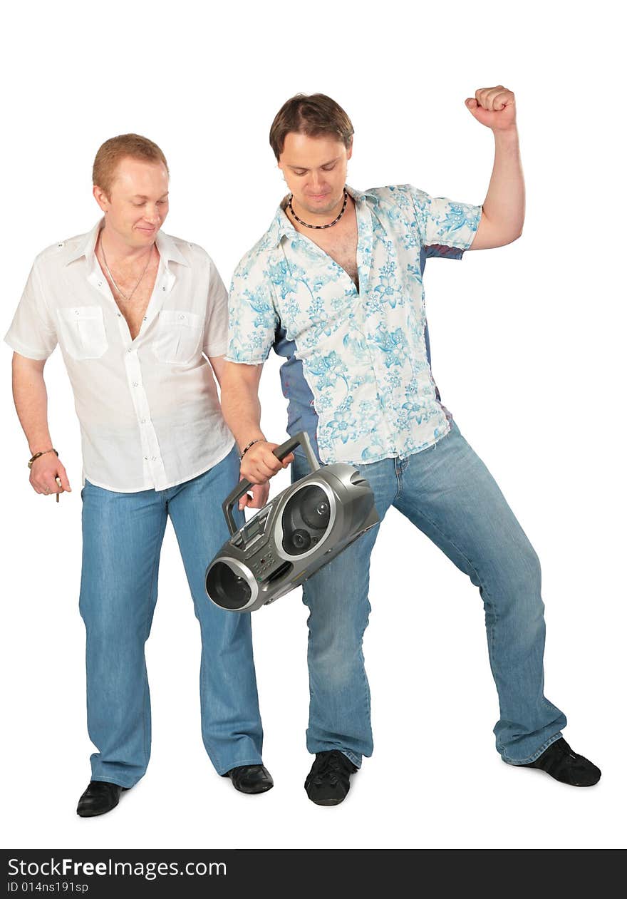 Two young men with boombox on white