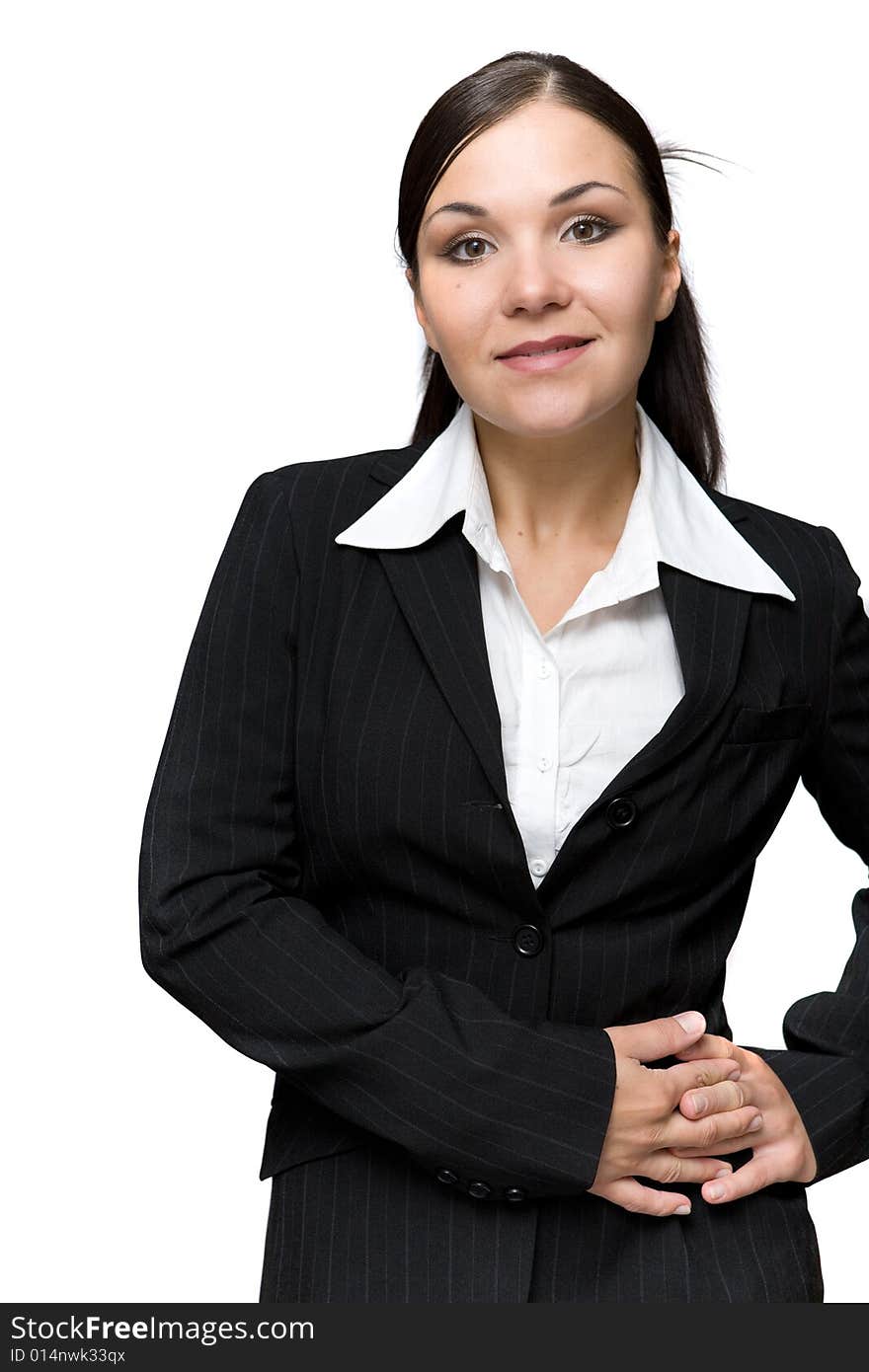 Successful businesswoman standing on white background