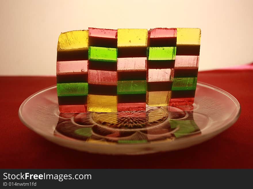 Coloured sweets on glass dish