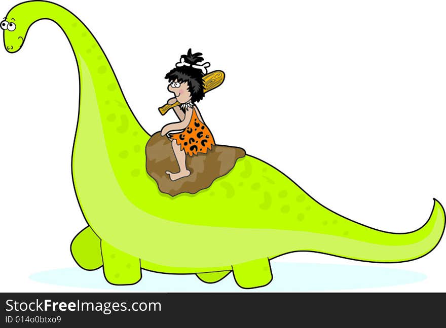 A caveman riding on the back of a green brontosaurus. A caveman riding on the back of a green brontosaurus