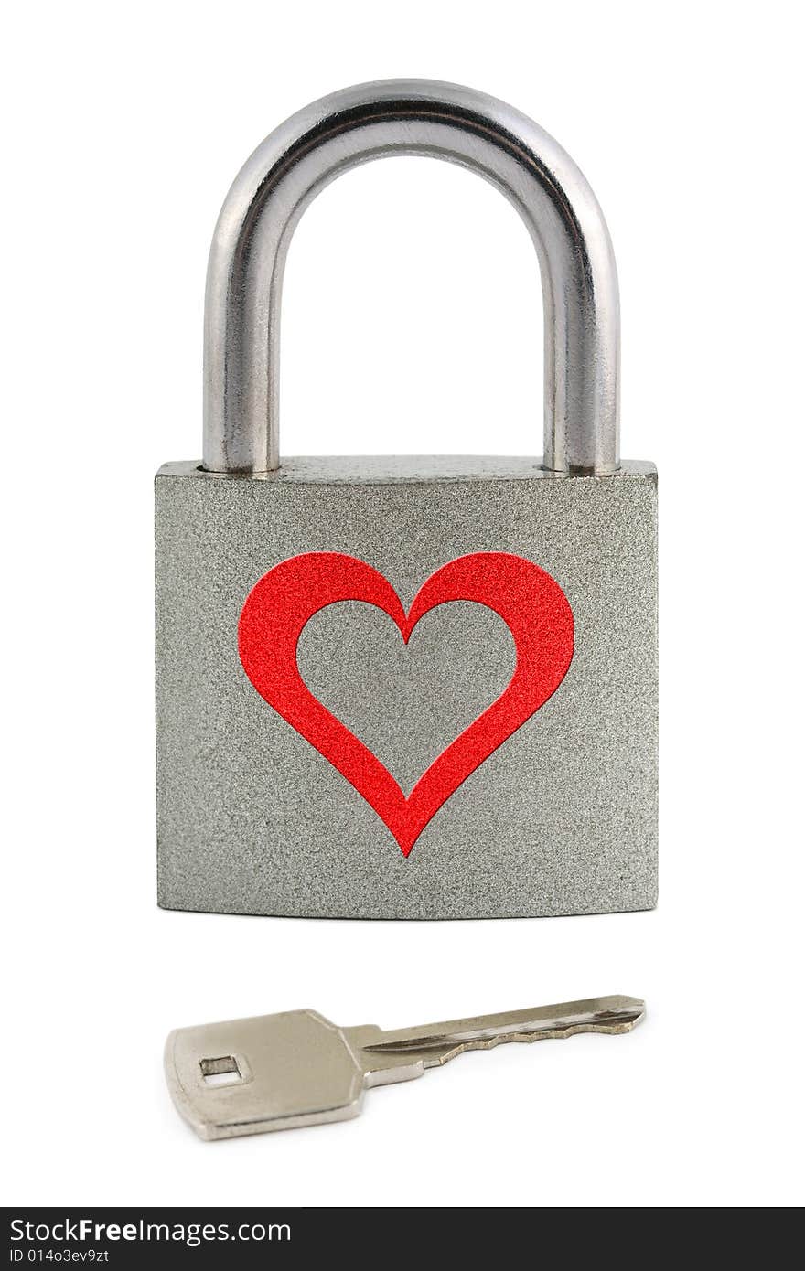 Lock with heart and key isolated on white background