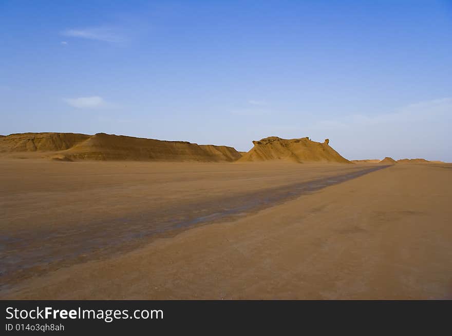 Path over hot Sahara desert blue sky. Path over hot Sahara desert blue sky