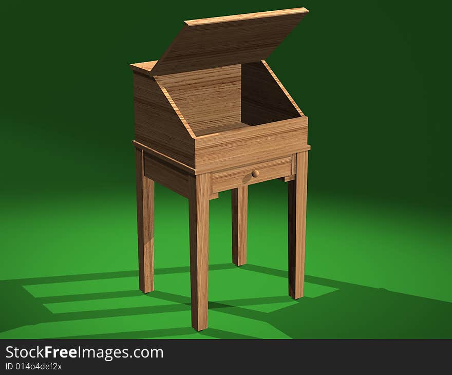 A computer generated image of a 3D model of a shaker desk, created with 3D Studio Max. This is a 3/4 front view with drawer open. A computer generated image of a 3D model of a shaker desk, created with 3D Studio Max. This is a 3/4 front view with drawer open.