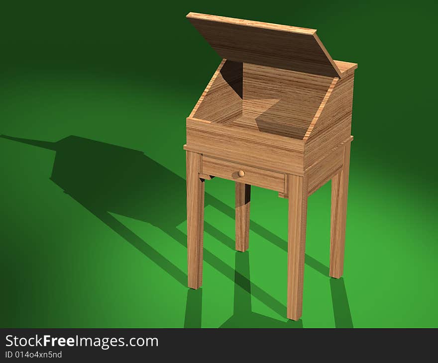 A computer generated image of a 3D model of a shaker desk, created with 3D Studio Max. This is a 3/4 front view with drawer open. A computer generated image of a 3D model of a shaker desk, created with 3D Studio Max. This is a 3/4 front view with drawer open.