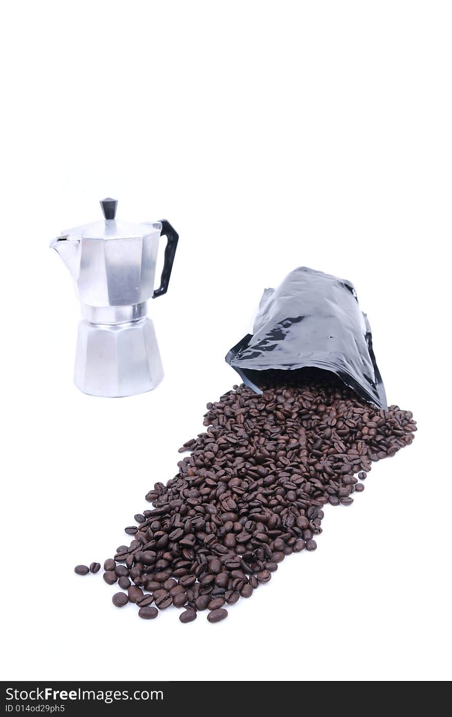 Coffee beans spilled from bag on white background. Coffee beans spilled from bag on white background