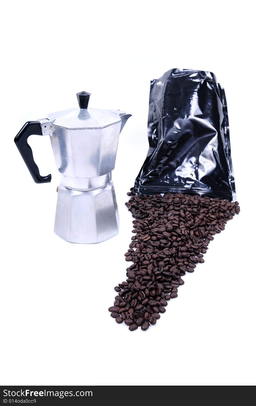 Coffee beans spilled from bag on white background. Coffee beans spilled from bag on white background