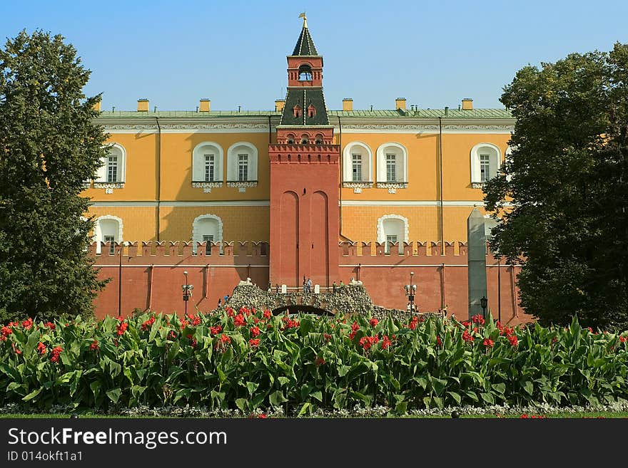 View of one of the Kremlin towers from Manezhnaya Square