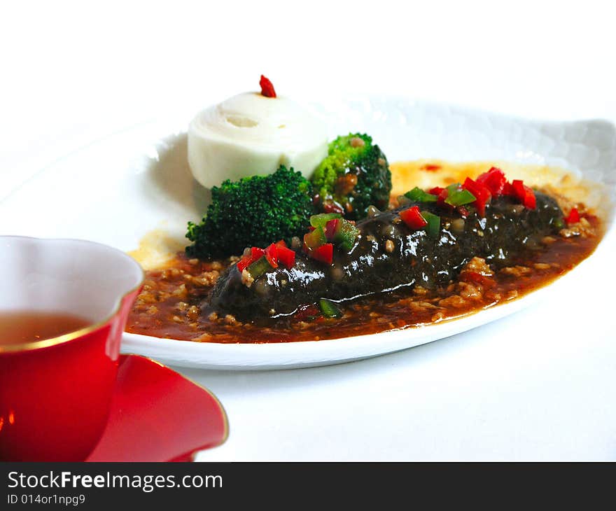 Stewed japanese sea cucumber with spicy minced pork. Stewed japanese sea cucumber with spicy minced pork